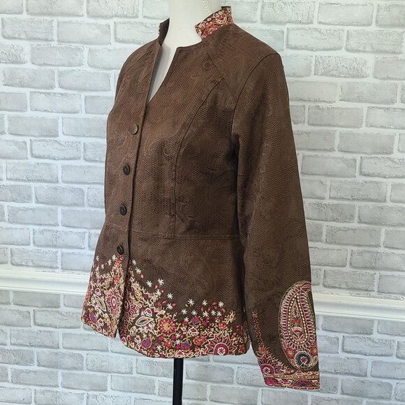 Vintage Coldwater Creek Embroidered Fitted Blazer Jacket Brown Romantic Boho 10 - Picture 2 of 9